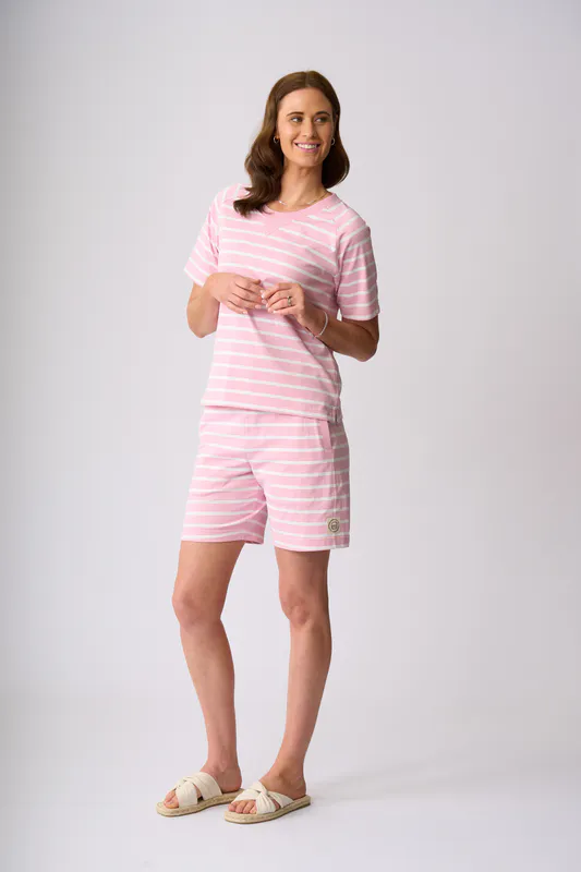 Model wearing Rose White Stripe St James Top By Charlie Jane Available at Beetees Nelson