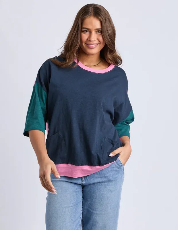 Model wearing Teal Maize Colour Block Sweat By Elm Available at Beetees Nelson