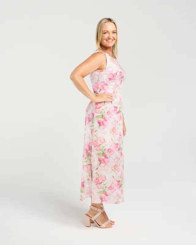 Model wearing Rose Garden Daphne Dress By Seduce Available at Beetees Nelson