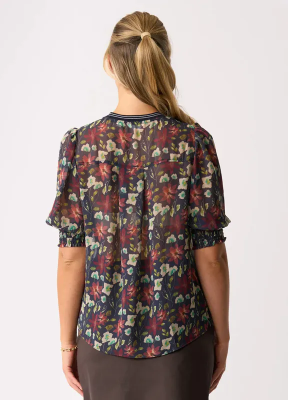 Model wearing Bloomtastic Rib Trim Blouse By Memo Available at Beetees Nelson