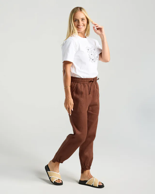 Model wearing Chocolate Carmen Pant By Blackstone Available at Beetees Nelson