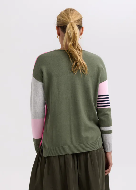 Model wearing Khaki Ladder Stripe V Jumper By Zaket & Plover Available at Beetees Nelson
