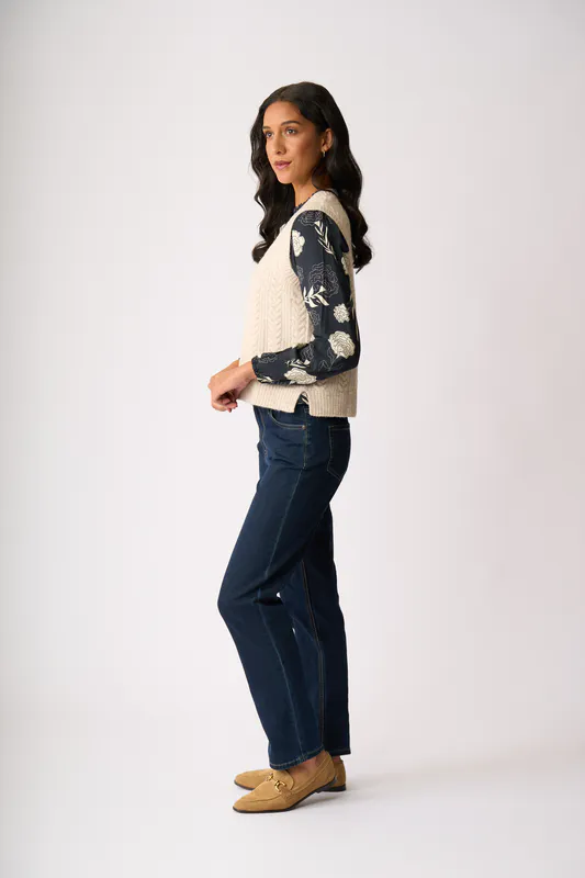 Model wearing Oat Cable Knit Vest By Memo Available at Beetees Nelson