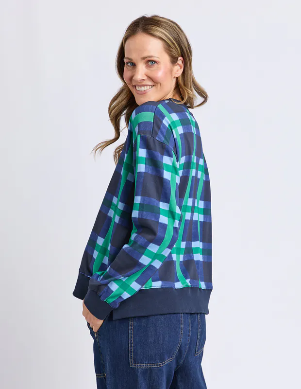 Model wearing Blue Check Bari Crew By Elm Available at Beetees Nelson