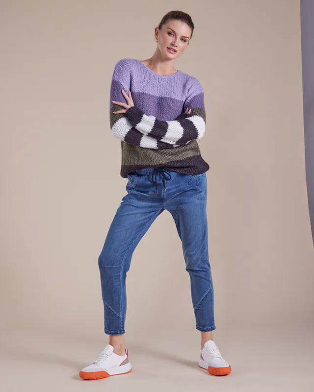 Model wearing Multi Stripe Long Sleeve Chunky Block Knit By Marco Polo Available at Beetees Nelson