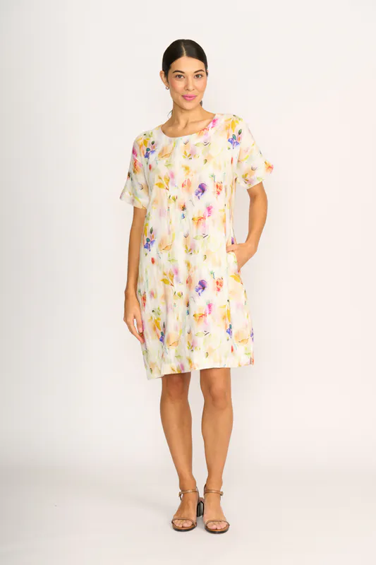 Model wearing Mist Floral Contrast Facing Shift Dress By Preen Available at Beetees Nelson