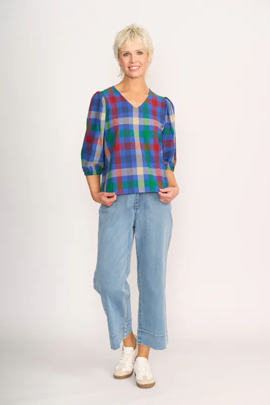 Model wearing Blue Check Top - Volume Sleeve, V Neck By Memo Available at Beetees Nelson