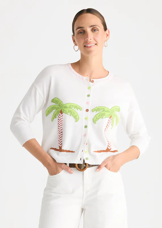 Model wearing White Island Cardi By Zaket & Plover Available at Beetees Nelson