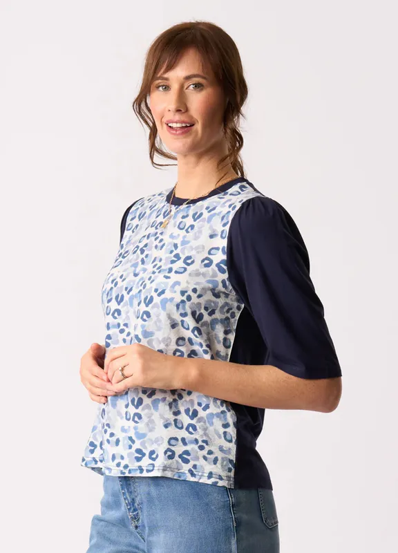 Model wearing Denim Roar Combo Elbow Sleeve Top By Memo Available at Beetees Nelson