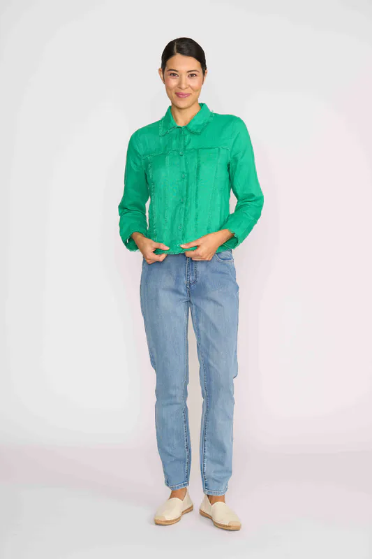 Model wearing Green On The Fringes Jacket By Foil Available at Beetees Nelson