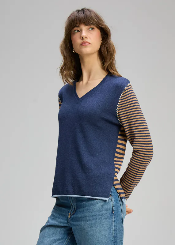 Model wearing Denim Varied Stripe Jumper By Zaket & Plover Available at Beetees Nelson
