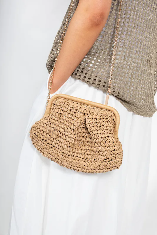 Model wearing Natural Coastal Clutch By Antler NZ Available at Beetees Nelson