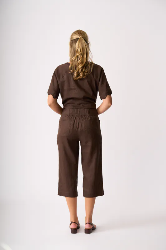 Model wearing Cocoa Scalloped Top By Foil Available at Beetees Nelson