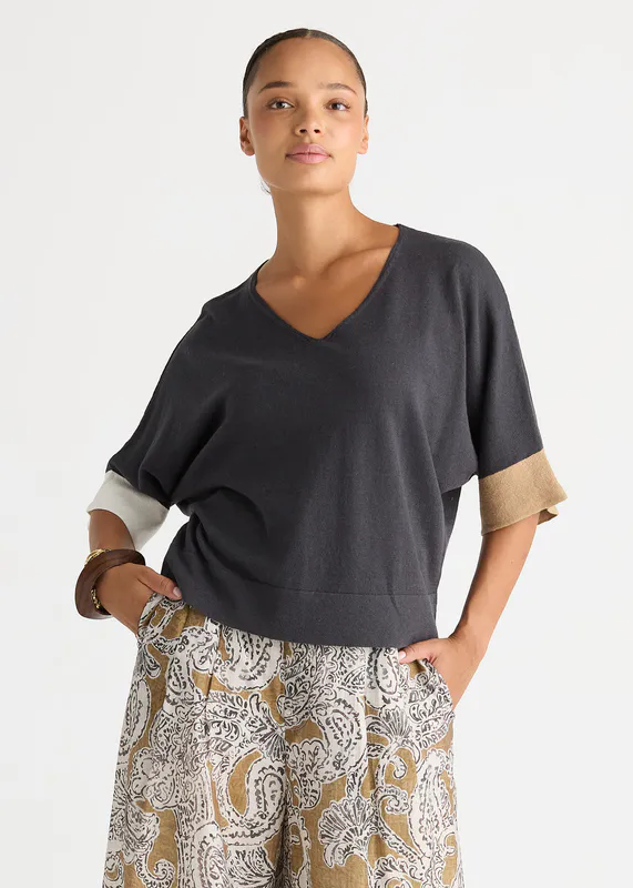 Model wearing Graphite Contrast Cuff Top By LD + CO Available at Beetees Nelson