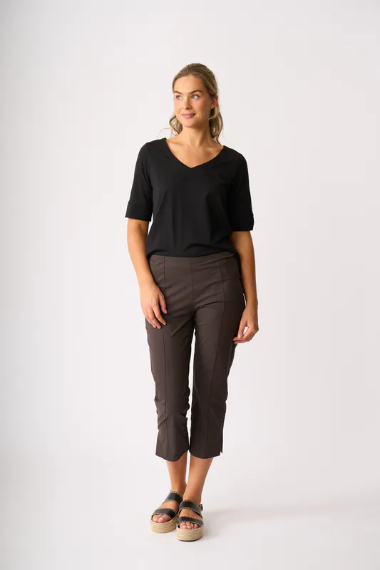 Model wearing Black V Neck Elbow Sleeve Top By Esplanade Available at Beetees Nelson