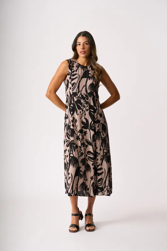 Model wearing Shadow Frond Panel Flare Dress By Foil Available at Beetees Nelson