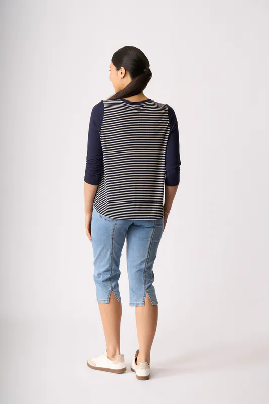 Model wearing Denim Roar Top - Relaxed Fit, Contrast Front By Memo Available at Beetees Nelson