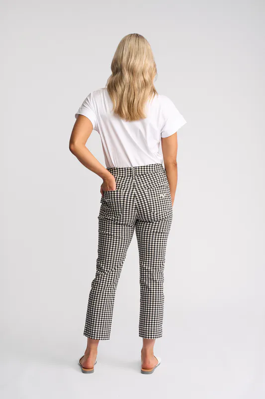 Model wearing Black Gingham Tint Pull On Available at Beetees Nelson