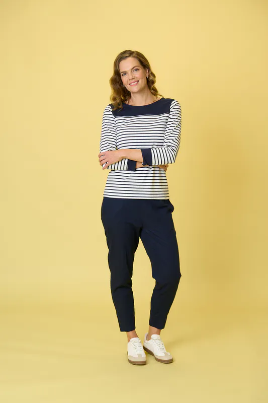 Model wearing White/ Navy Stripe Lyttelton Top By Charlie Jane Available at Beetees Nelson