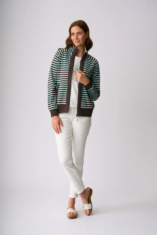 Model wearing Chocolate Seabreeze Stripe Featherson Zip Sweater By Charlie Jane Available at Beetees Nelson