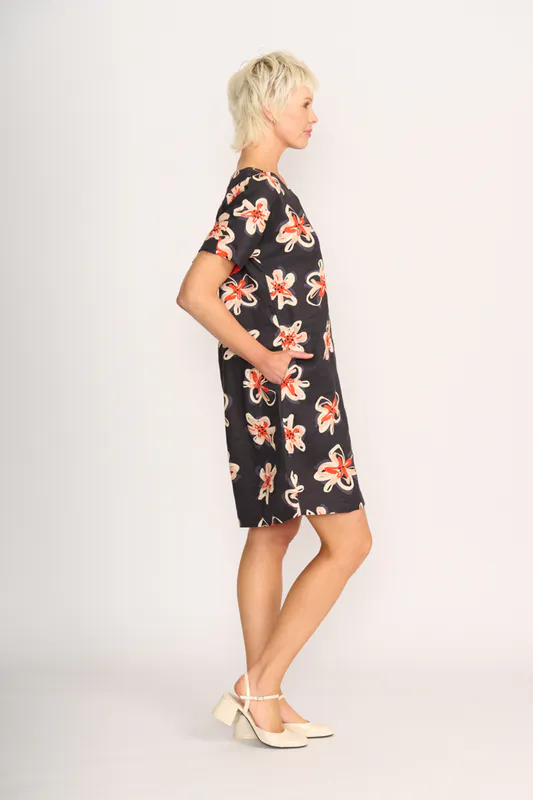 Model wearing Flower Doodle Contrast Facing Shift Dress By Preen Available at Beetees Nelson