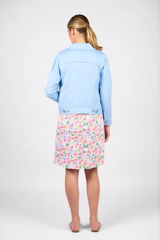 Model wearing Sky Blue Linen Jacket with Frayed Seams By Vassalli Available at Beetees Nelson