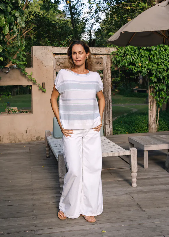 Model wearing White Zig Detail Top By Zaket & Plover Available at Beetees Nelson