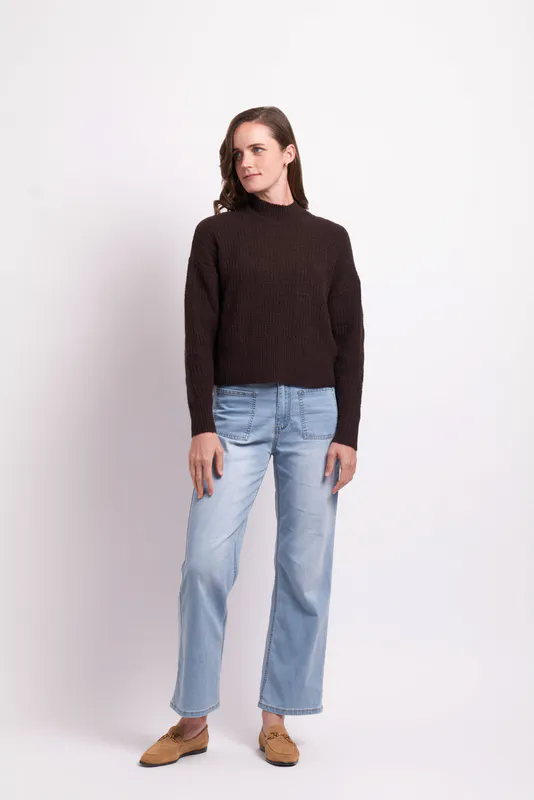 Model wearing Chocolate Hatch Up Jumper By Foil Available at Beetees Nelson