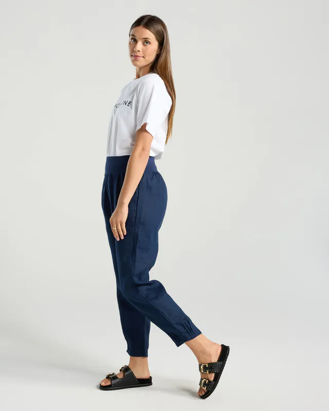 Model wearing Midnight Ink Rosalina Knit Waist Pant By Blackstone Available at Beetees Nelson