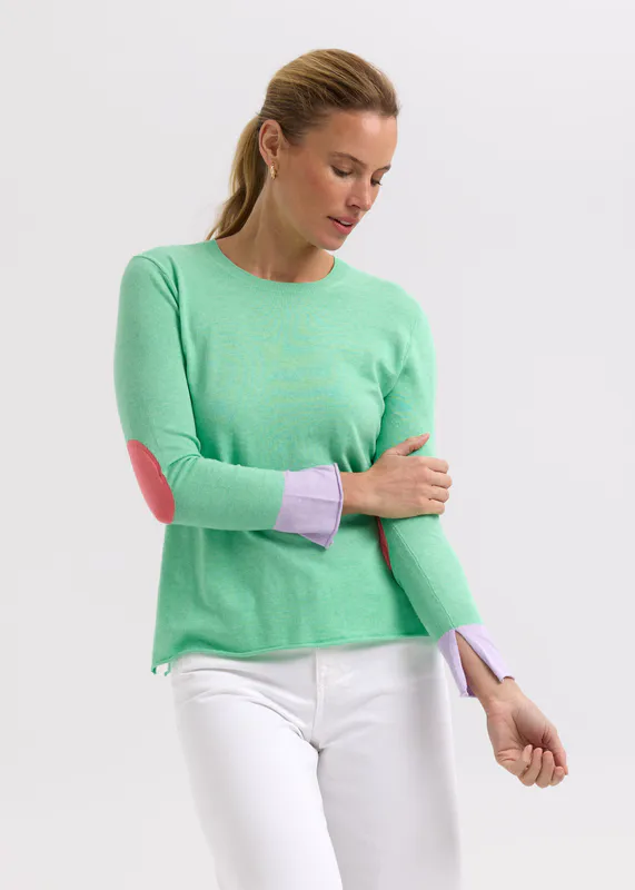 Model wearing Spearmint Elbow Patch Jumper By Zaket & Plover Available at Beetees Nelson