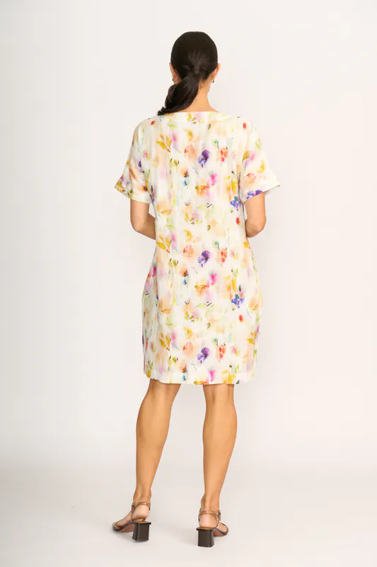 Model wearing Mist Floral Contrast Facing Shift Dress By Preen Available at Beetees Nelson