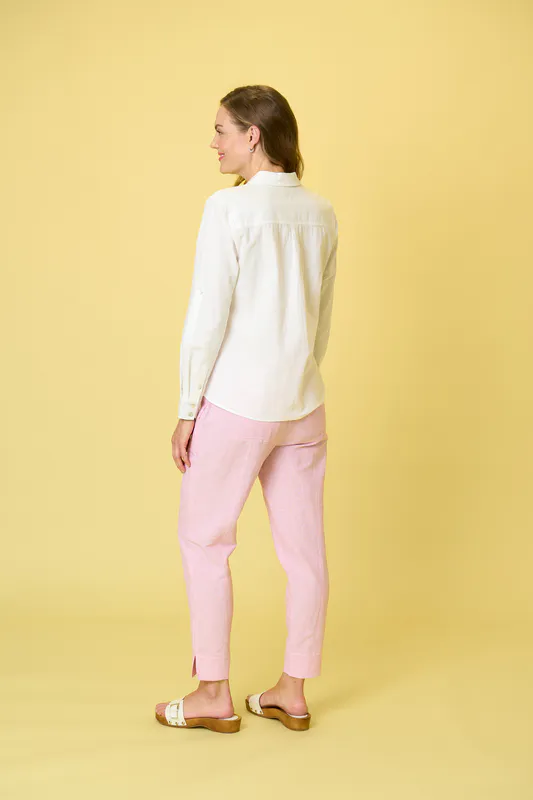 Model wearing White Arrowtown Shirt By Charlie Jane Available at Beetees Nelson