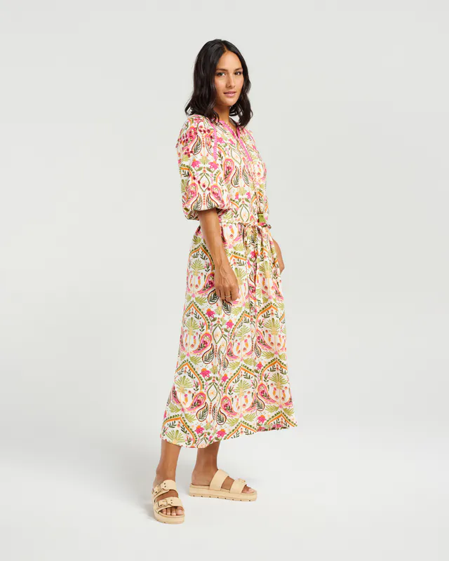 Model wearing Multi (Spice Market) Soleil Dress By NMBR Rose Available at Beetees Nelson