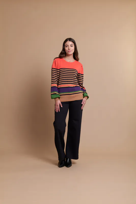 Model wearing Multi Coloured Top - Volume Sleeve Contrast Stitch By Foil Available at Beetees Nelson