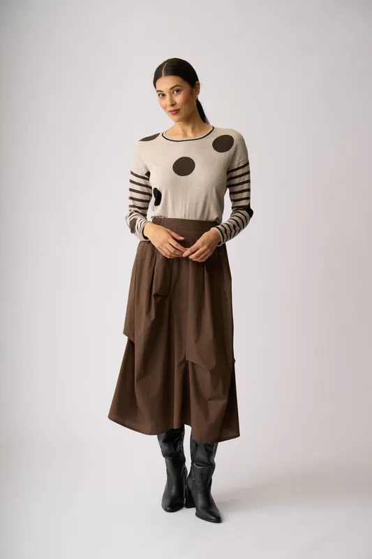 Model wearing Latte Cocoa Black Spots & Stripes Jumper By OH Three Available at Beetees Nelson