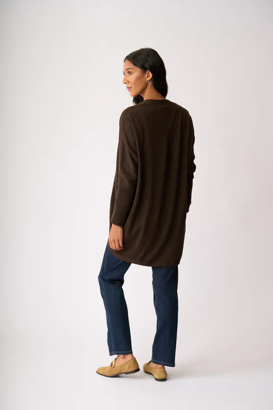 Model wearing Chocolate Open Front Midi Cardigan By Foil Available at Beetees Nelson