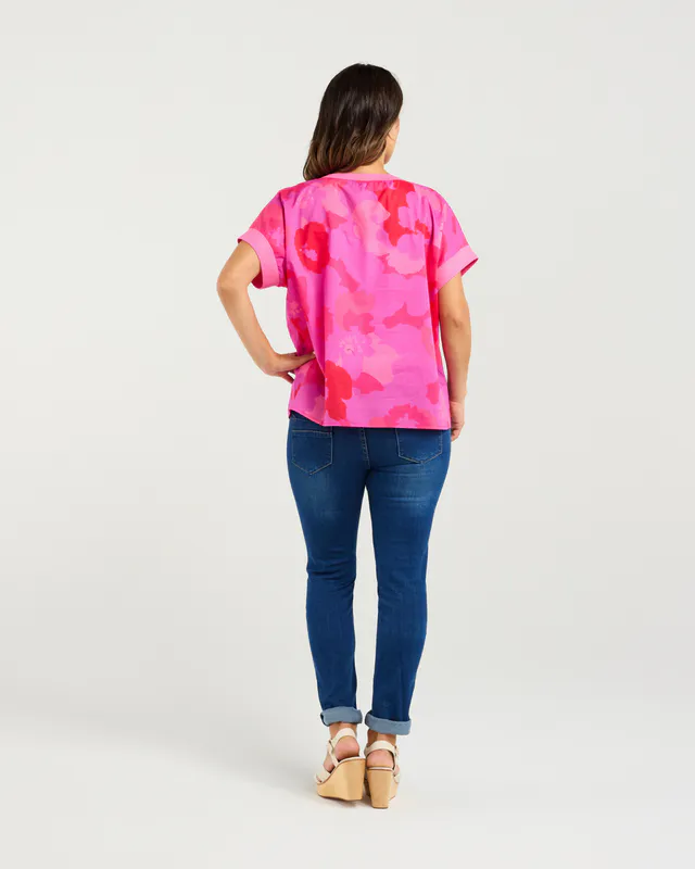 Model wearing Fushia Burst Olivia Top By Zafina Available at Beetees Nelson