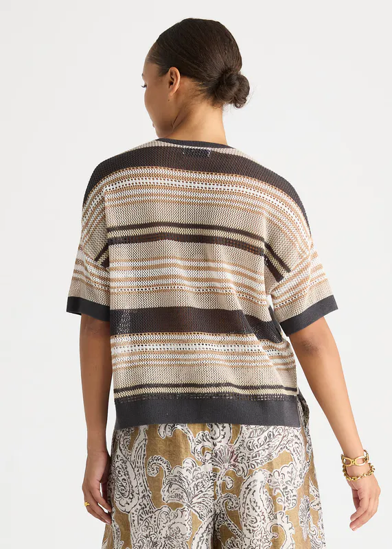 Model wearing Graphite Stripe Lace Top By LD + CO Available at Beetees Nelson