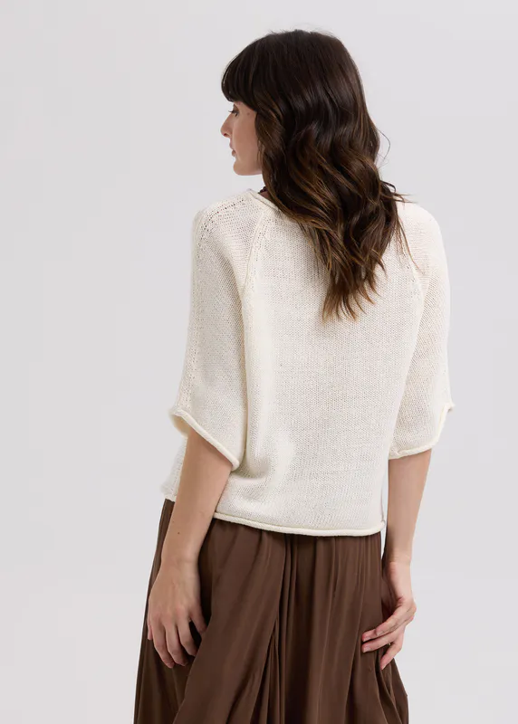 Model wearing white Textured Jumper By LD + CO Available at Beetees Nelson