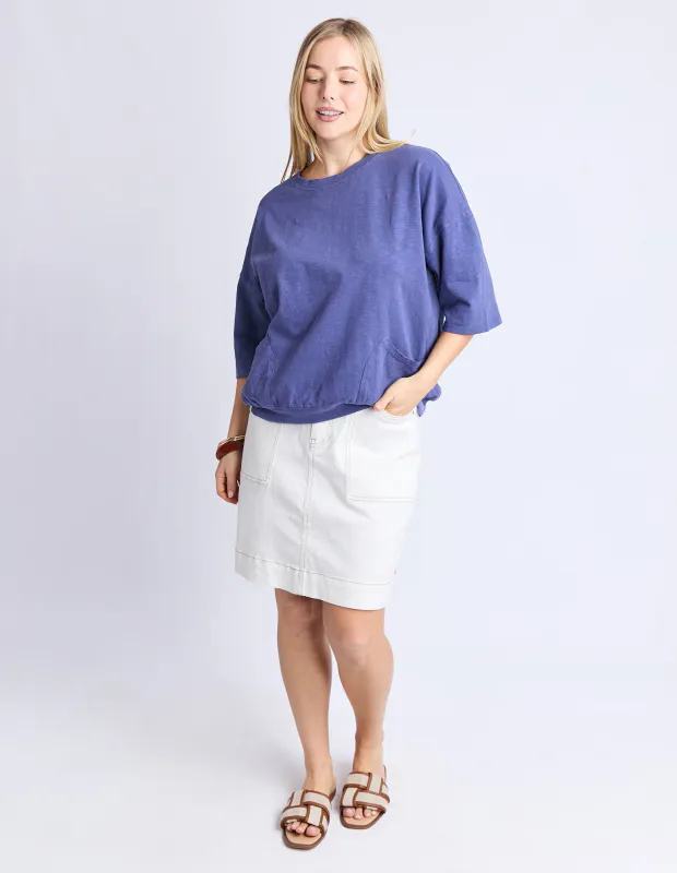 Model wearing Vintage Blue Maize Sweat By Elm Available at Beetees Nelson