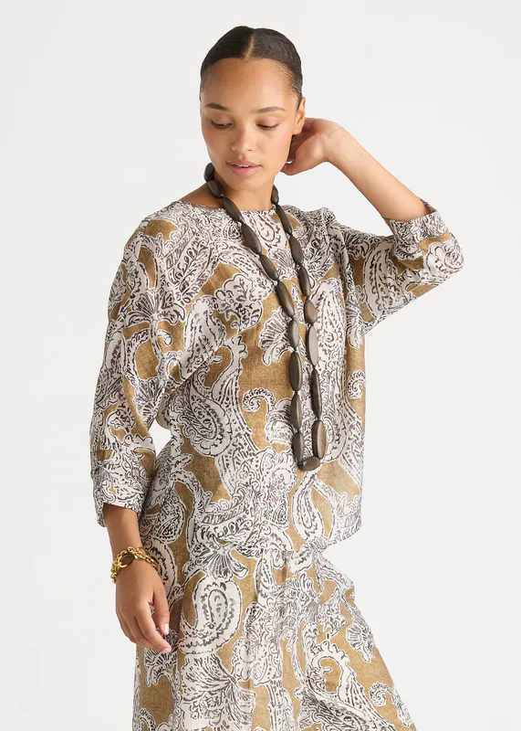 Model wearing Paisley Relaxed Print Top By LD + CO Available at Beetees Nelson