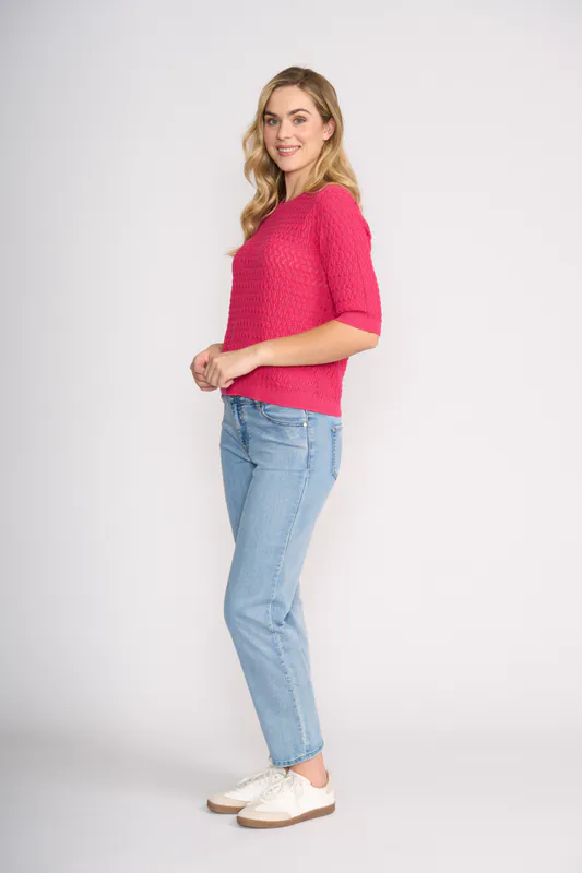 Model wearing Cerise Pointelle Knit T-Shirt By Oh Three Available at Beetees Nelson