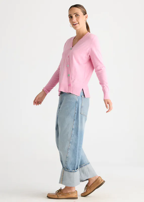 Model wearing Tickled Pink Button Angle Top By Zaket & Plover Available at Beetees Nelson