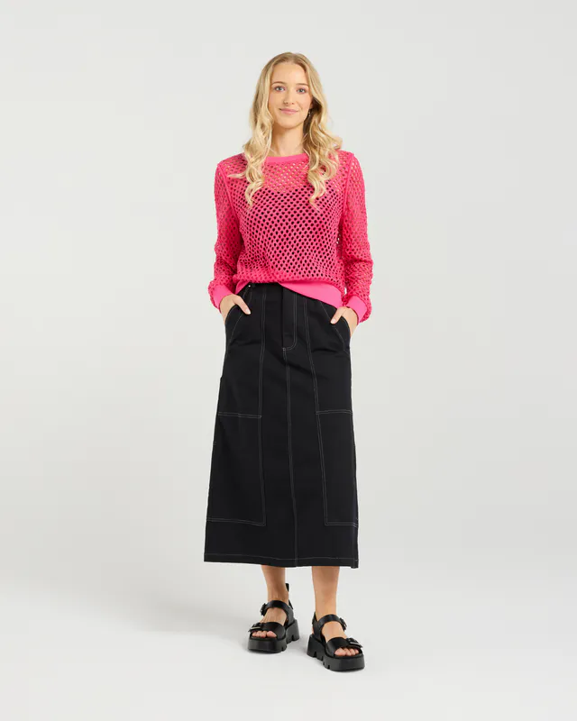 Model wearing Flamingo Cleo Knit By Et Alia Available at Beetees Nelson