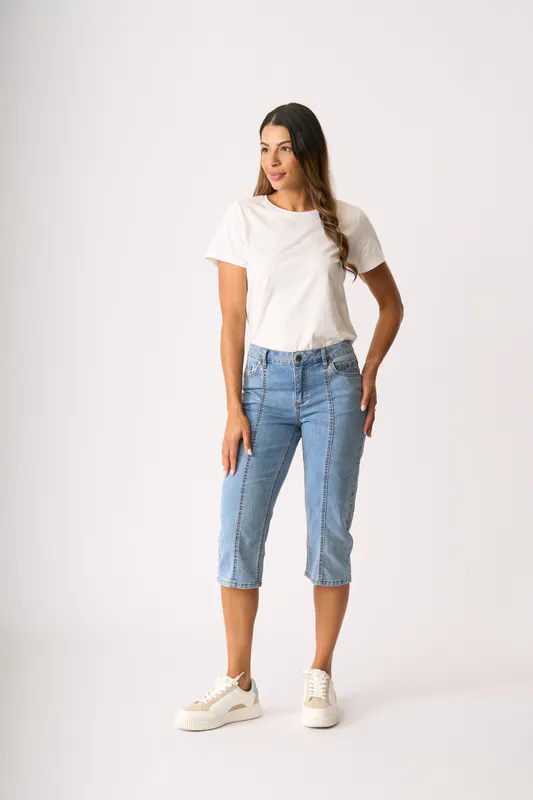 Model wearing Denim Capri Denim Capri By Memo Available at Beetees Nelson