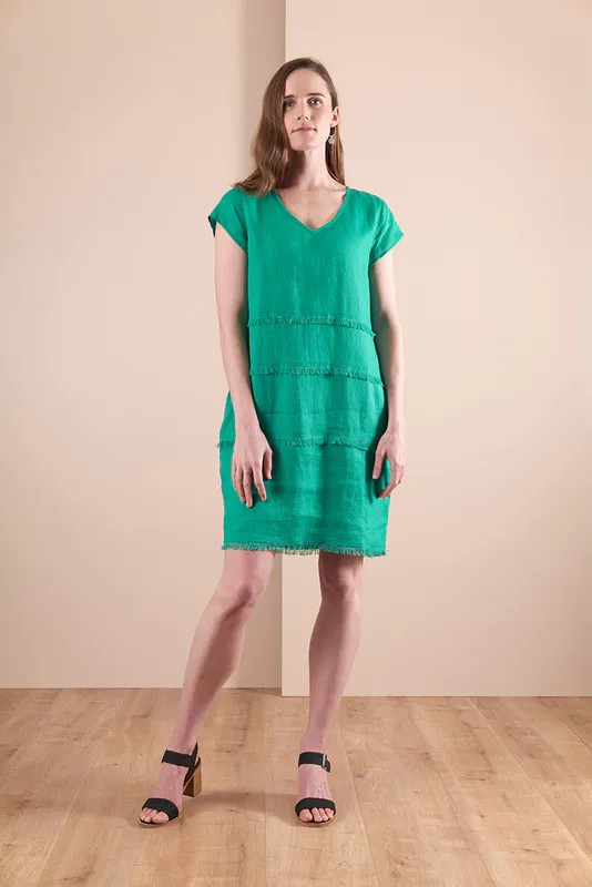 Front View of Model wearing Green Coloured Dress - Fringe Detail By Foil available at Beetees Nelson, New Zealand