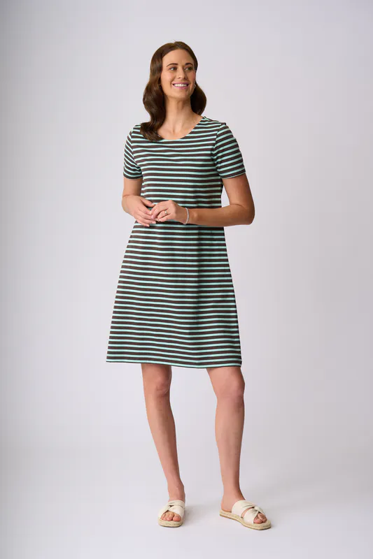 Model wearing Chocolate Seabreeze Alexandra Dress By Charlie Jane Available at Beetees Nelson