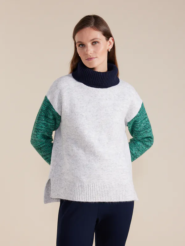 Model wearing Heather Grey Coloured Colour Block Sweater By Marco Polo Available at Beetees Nelson