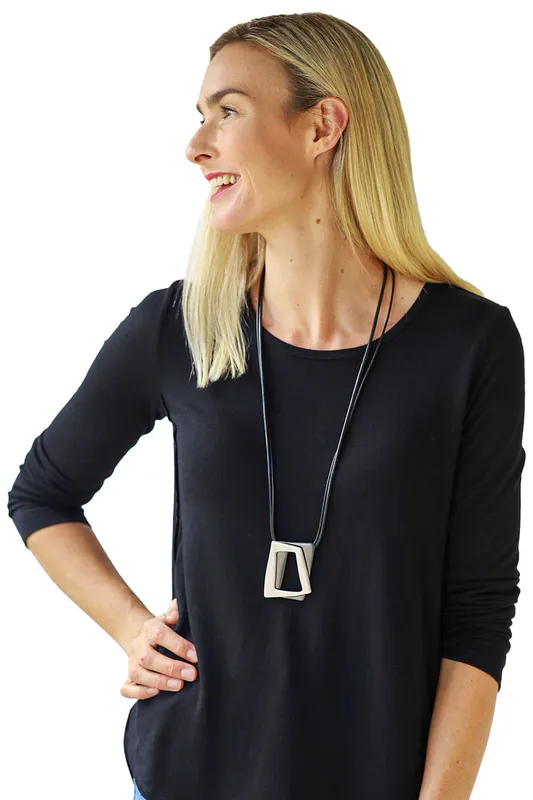 Model wearing Double Rectangle Pendant Necklace By Archer House Available at Beetees Nelson