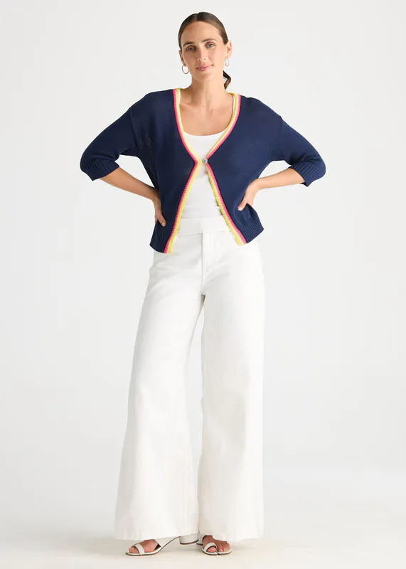 Model wearing Navy Crochet Trim Cardi By Zaket & Plover Available at Beetees Nelson